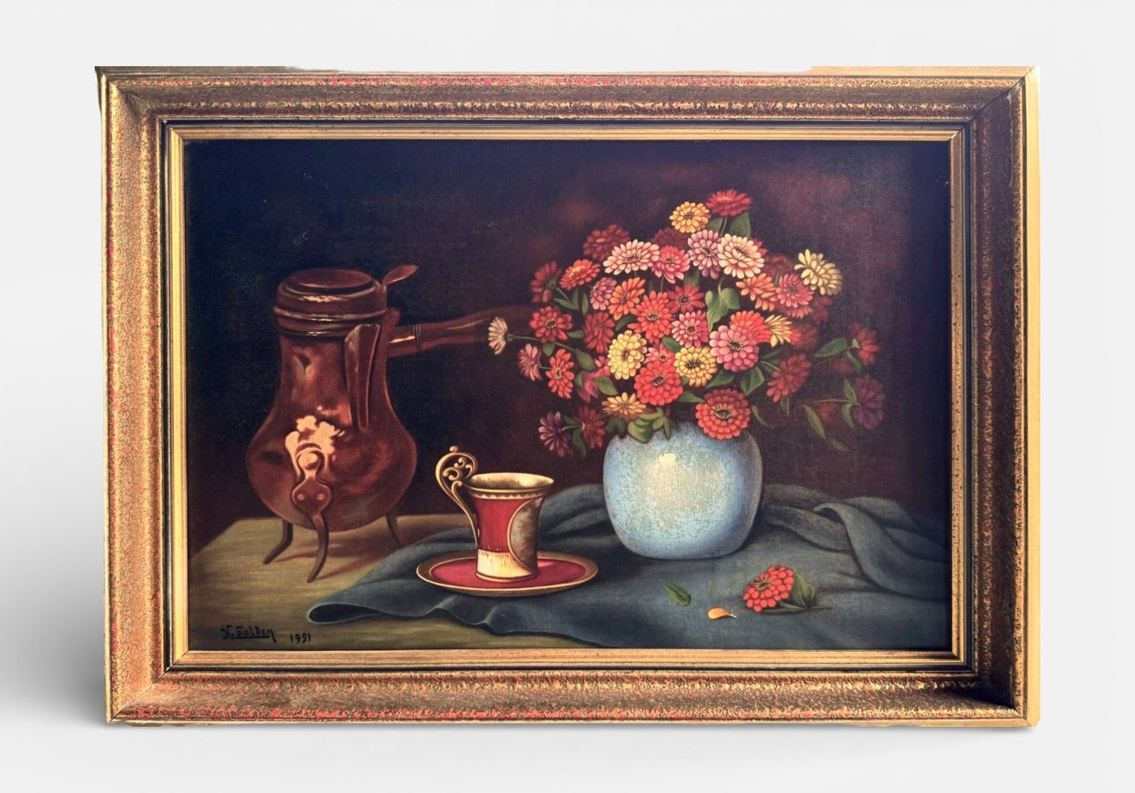 Vintage Still Life Oil Painting Flowers Cup & Copper Jug 1951 